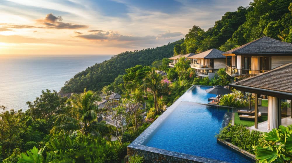 StayVista Resort hillside villas at sunset